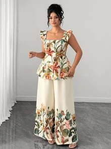 Elenzga Plus Size Women's Elegant Vacation Square Neck Printed 2 Pieces Set Tea Party Beige Summer - Multicolor - View 4