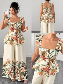 Elenzga Plus Size Women's Elegant Vacation Square Neck Printed 2 Pieces Set Tea Party Beige Summer - Multicolor - View 9