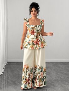 Elenzga Plus Size Women's Elegant Vacation Square Neck Printed 2 Pieces Set Tea Party Beige Summer - Multicolor - View 3