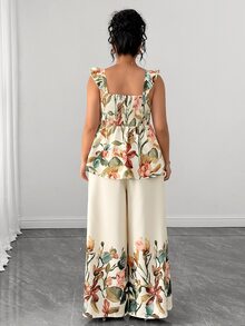 Elenzga Plus Size Women's Elegant Vacation Square Neck Printed 2 Pieces Set Tea Party Beige Summer - Multicolor - View 2