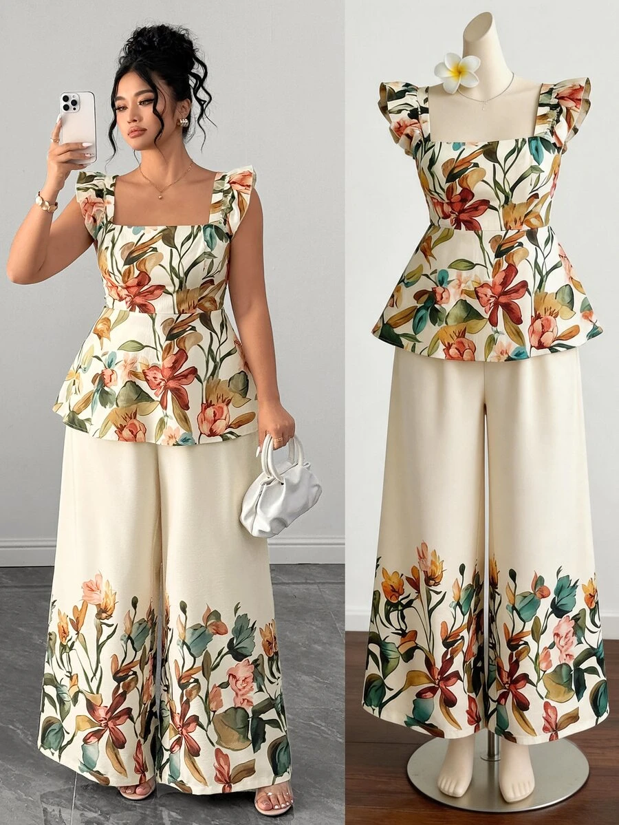 Elenzga Plus Size Women's Elegant Vacation Square Neck Printed 2 Pieces Set Tea Party Beige Summer - Multicolor - View 1