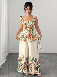 Elenzga Plus Size Women's Elegant Vacation Square Neck Printed 2 Pieces Set Tea Party Beige Summer - Multicolor - View 6