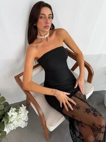 Aloruh Women's Elegant Solid Color Lace Patchwork Maxi Tube Dress Strapless Black Dress Black Tube Dress Elegant Black Dress Black Sexy Dress Women - Black - View 4