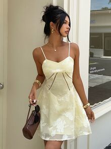 Aloruh Women's Elegant Pale Yellow Jacquard Waist-Cinching Full Skirt Mini Dress For Vacation And Party - Light Yellow - View 6