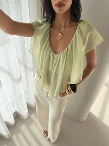 Aloruh 女款優雅熱帶性感純色荷葉邊上衣 夏季度假假期 萊姆綠沙灘風 - 綠色 - 查看 5