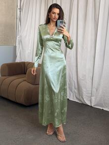 Aloruh Elegant Sage Green Jacquard Long Sleeve Maxi Dress,Autumn V-Neck Commuter Wedding Guest Outfit,Dining Birthday Tea Party Dress For Women - Green - View 7