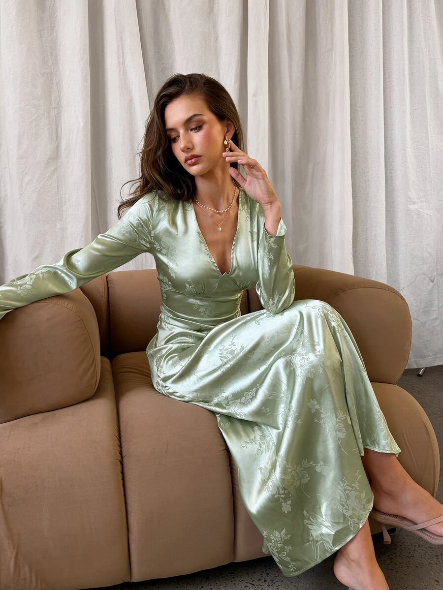 Aloruh Elegant Sage Green Jacquard Long Sleeve Maxi Dress,Autumn V-Neck Commuter Wedding Guest Outfit,Dining Birthday Tea Party Dress For Women - Green - View 1
