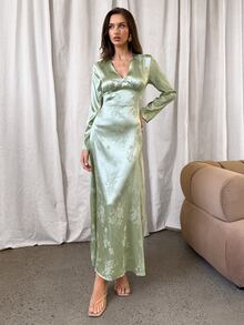 Aloruh Elegant Sage Green Jacquard Long Sleeve Maxi Dress,Autumn V-Neck Commuter Wedding Guest Outfit,Dining Birthday Tea Party Dress For Women - Green - View 3