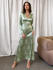 Aloruh Elegant Sage Green Jacquard Long Sleeve Maxi Dress,Autumn V-Neck Commuter Wedding Guest Outfit,Dining Birthday Tea Party Dress For Women - Green - View 4