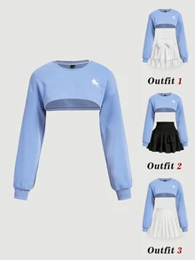 SHEIN MOD Stylish Blue Long Sleeve Crop Top With Round Neck And Graphic Print For An Easygoing Look,Light Blue Short-Sleeved Hoodie - Blue - View 1