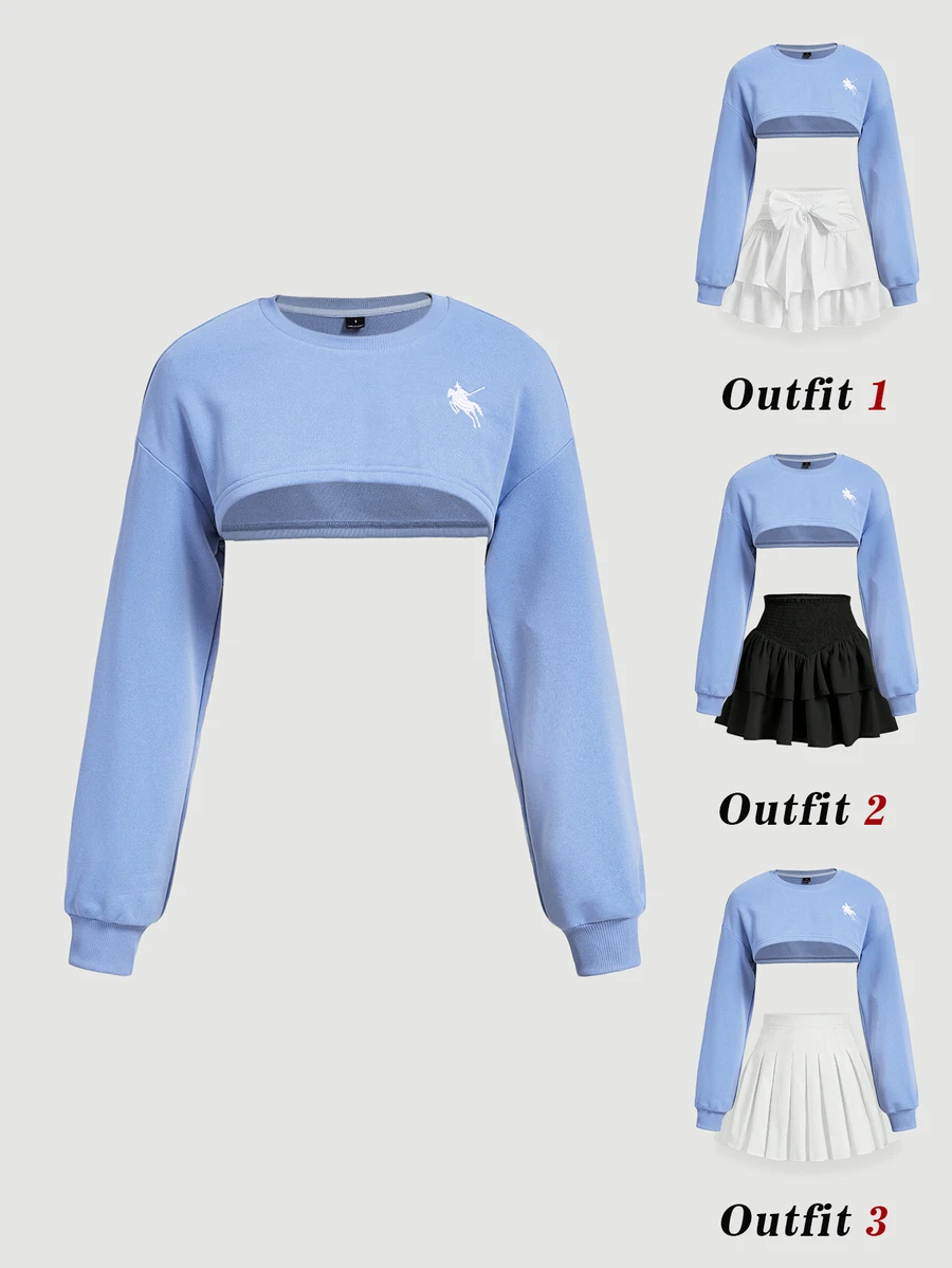 SHEIN MOD Stylish Blue Long Sleeve Crop Top With Round Neck And Graphic Print For An Easygoing Look,Light Blue Short-Sleeved Hoodie - Blue - View 1