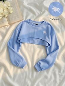 SHEIN MOD Stylish Blue Long Sleeve Crop Top With Round Neck And Graphic Print For An Easygoing Look,Light Blue Short-Sleeved Hoodie - Blue - View 2