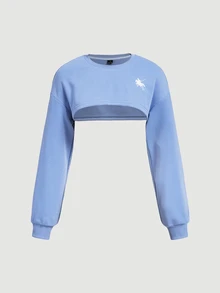 SHEIN MOD Stylish Blue Long Sleeve Crop Top With Round Neck And Graphic Print For An Easygoing Look,Light Blue Short-Sleeved Hoodie - Blue - View 7