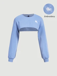 SHEIN MOD Stylish Blue Long Sleeve Crop Top With Round Neck And Graphic Print For An Easygoing Look,Light Blue Short-Sleeved Hoodie - Blue - View 3