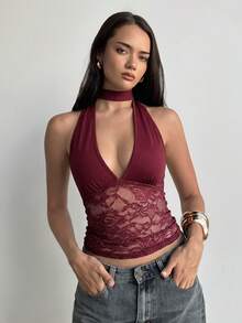 Aloruh Women's Lace Splice Halter Neck Elegant Sexy Top, Red Wine Summer Night Out Tops, Versatile Y2K Style 2000s For, Rave Concert Club Night - Burgundy - View 7