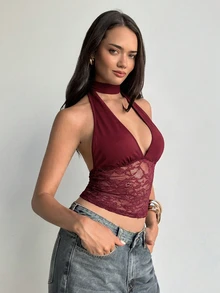 Aloruh Women's Lace Splice Halter Neck Elegant Sexy Top, Red Wine Summer Night Out Tops, Versatile Y2K Style 2000s For, Rave Concert Club Night - Burgundy - View 6