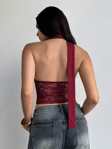 Aloruh Women's Lace Splice Halter Neck Elegant Sexy Top, Red Wine Summer Night Out Tops, Versatile Y2K Style 2000s For, Rave Concert Club Night - Burgundy - View 2