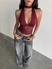 Aloruh Women's Lace Splice Halter Neck Elegant Sexy Top, Red Wine Summer Night Out Tops, Versatile Y2K Style 2000s For, Rave Concert Club Night - Burgundy - View 4