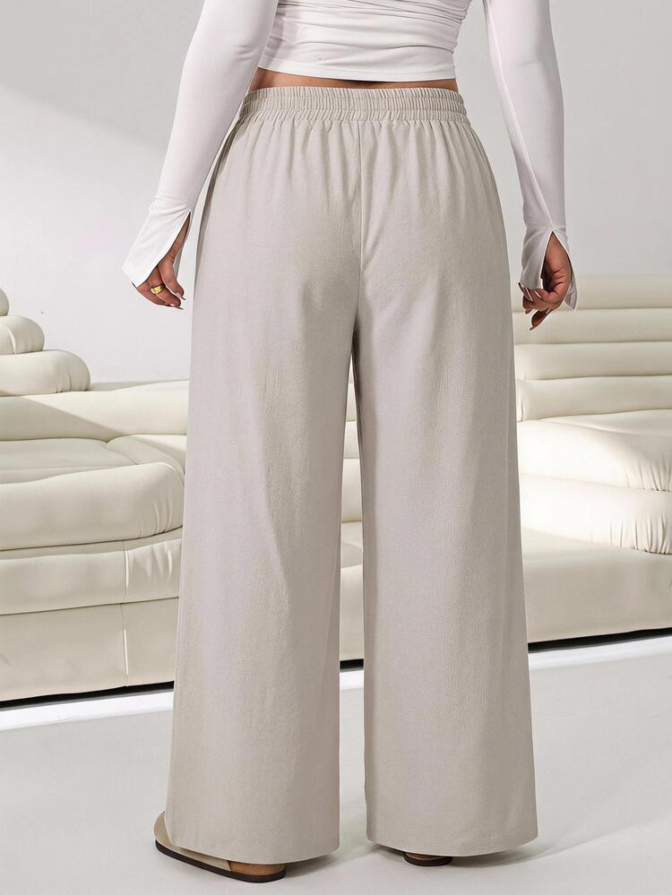 Solflare Khaki Plus Size Women's Elastic Waist Wide Leg Textured Long Pants - Khaki - View 2