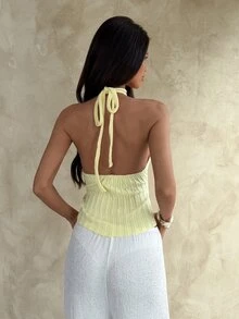 Aloruh Mustard Yellow Textured Knit Halter Neck Backless A-Line Sweater Top For Women - Pale Yellow - View 2