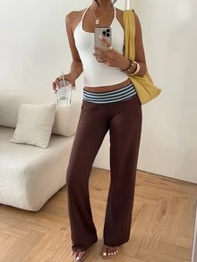 Aloruh Women's Autumn/Winter New Ultra Low Waist Brown Striped Long Pants - Multicolor - View 1