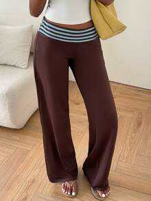 Aloruh Women's Autumn/Winter New Ultra Low Waist Brown Striped Long Pants - Multicolor - View 3