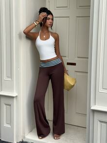 Aloruh Women's Autumn/Winter New Ultra Low Waist Brown Striped Long Pants - Multicolor - View 6