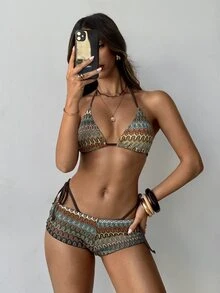 Aloruh Women's Spring/Summer New Colorful Striped Bikini Set, 3 Pieces Swimwear, Sexy Hot Girl Mini Triangle Cup Bikini Set, Women's Beachwear, Women's Vacation Outfit, Women's Music Festival Outfit - Multicolor - View 4