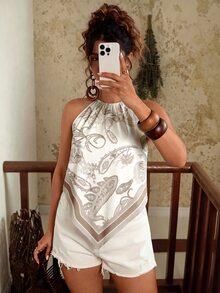 Travachic 大尺碼女款度假風腰果印花不對稱下擺掛脖背心上衣 - 彩色 - 查看 8