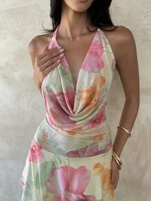 Aloruh 女士优雅深V领系带波点印花沙滩度假迷你连衣裙 - 彩色 - 查看 4