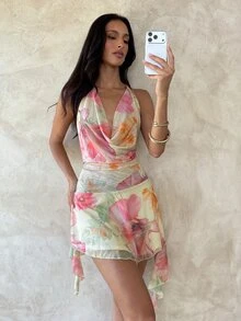 Aloruh 女士优雅深V领系带波点印花沙滩度假迷你连衣裙 - 彩色 - 查看 6