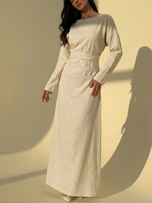 Aloruh Women's Long Sleeve Cotton Comfortable Ruched Waist Long Linen Dress,Autumn Elegant Modest Beige Tea Party Dresses - Apricot - View 4