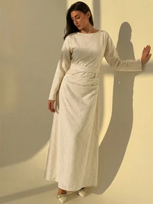 Aloruh Women's Long Sleeve Cotton Comfortable Ruched Waist Long Linen Dress,Autumn Elegant Modest Beige Tea Party Dresses - Apricot - View 5