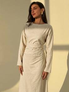 Aloruh Women's Long Sleeve Cotton Comfortable Ruched Waist Long Linen Dress,Autumn Elegant Modest Beige Tea Party Dresses - Apricot - View 7