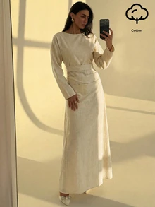 Aloruh Women's Long Sleeve Cotton Comfortable Ruched Waist Long Linen Dress,Autumn Elegant Modest Beige Tea Party Dresses - Apricot - View 1