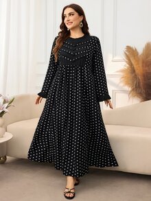 Al Najma Casual Polka Dot Print Pleated Round Neck Long Sleeve Loose Regular Fit Spring/Autumn Plus Size Women's Arabic Dress - Black - View 5