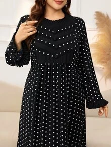 Al Najma Casual Polka Dot Print Pleated Round Neck Long Sleeve Loose Regular Fit Spring/Autumn Plus Size Women's Arabic Dress - Black - View 7