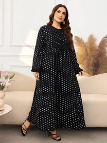 Al Najma Casual Polka Dot Print Pleated Round Neck Long Sleeve Loose Regular Fit Spring/Autumn Plus Size Women's Arabic Dress - Black - View 4