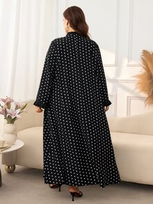 Al Najma Casual Polka Dot Print Pleated Round Neck Long Sleeve Loose Regular Fit Spring/Autumn Plus Size Women's Arabic Dress - Black - View 2