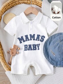 1件/套 中性新生兒男嬰/女嬰牛仔布標語刺繡短袖連身衣 春/夏嬰兒男童服裝、套裝、復活節嬰兒禮物用品 - 彩色 - 查看 3