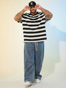 EASEVO 男士大尺碼藍色休閒寬鬆梭織長款牛仔褲，度假、父親節禮物、足球 - 黑色 - 查看 7