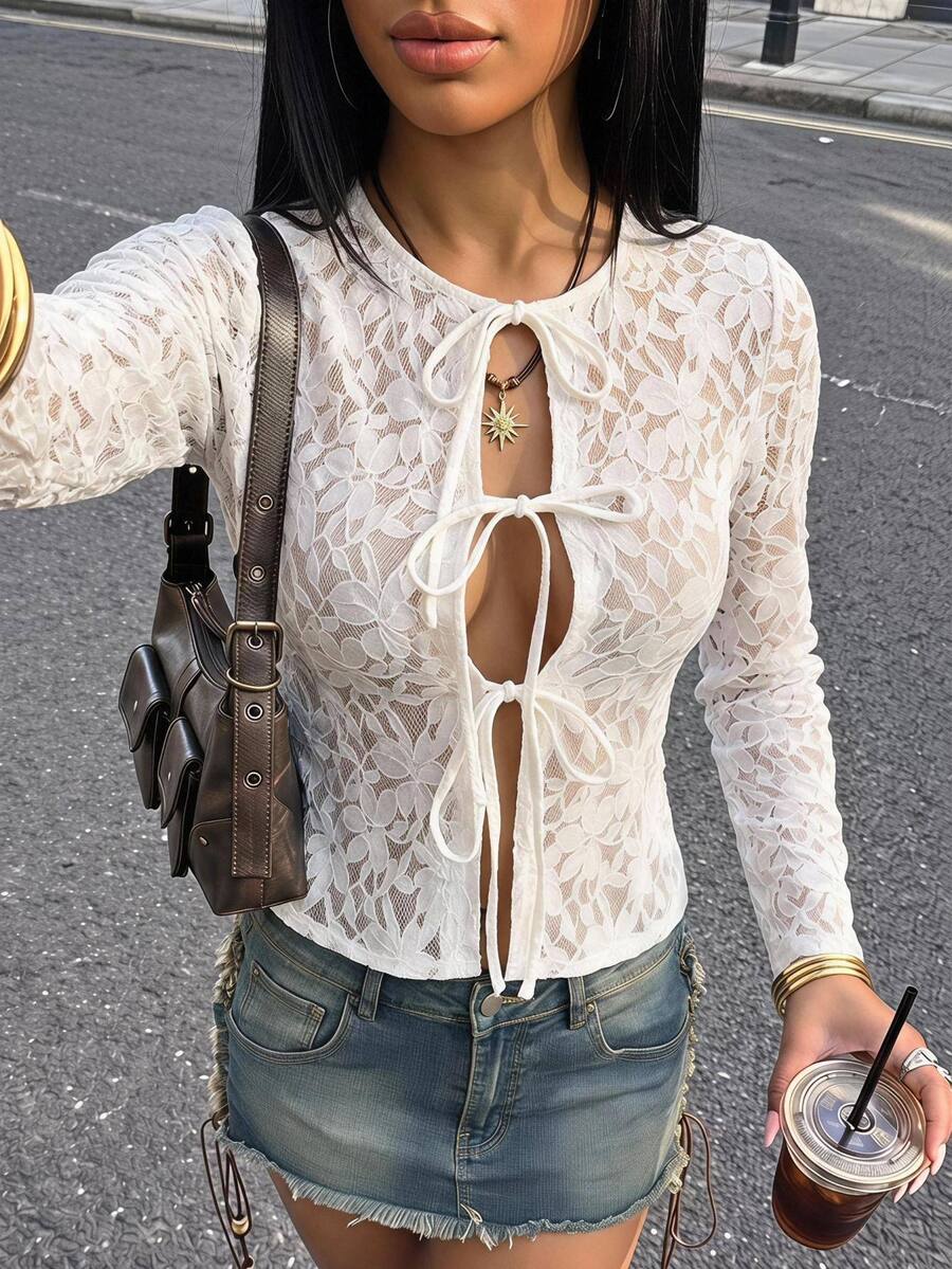 SHEIN ICON Women's Fashionable Lace See-Through Front Tie Top, Summer - White - View 1