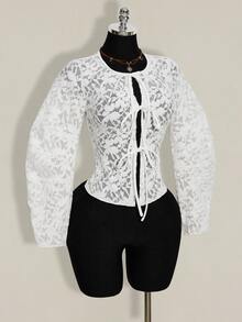 SHEIN ICON Women's Fashionable Lace See-Through Front Tie Top, Summer - White - View 5