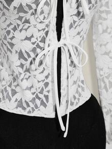 SHEIN ICON Women's Fashionable Lace See-Through Front Tie Top, Summer - White - View 7