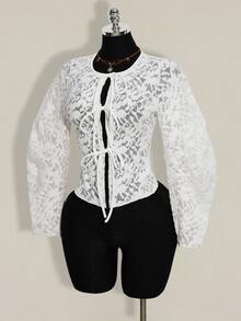 SHEIN ICON Women's Fashionable Lace See-Through Front Tie Top, Summer - White - View 3