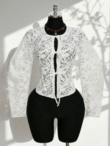 SHEIN ICON Women's Fashionable Lace See-Through Front Tie Top, Summer - White - View 9