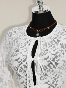 SHEIN ICON Women's Fashionable Lace See-Through Front Tie Top, Summer - White - View 4