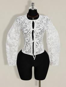 SHEIN ICON Women's Fashionable Lace See-Through Front Tie Top, Summer - White - View 8