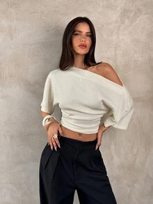 Aloruh Women's Solid Color Ruched Asymmetrical Shoulder Casual Sexy Versatile Daily Wear T-Shirt Summer Top Going Out Night Out Beige - Apricot - View 4
