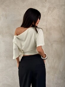 Aloruh Women's Solid Color Ruched Asymmetrical Shoulder Casual Sexy Versatile Daily Wear T-Shirt Summer Top Going Out Night Out Beige - Apricot - View 2